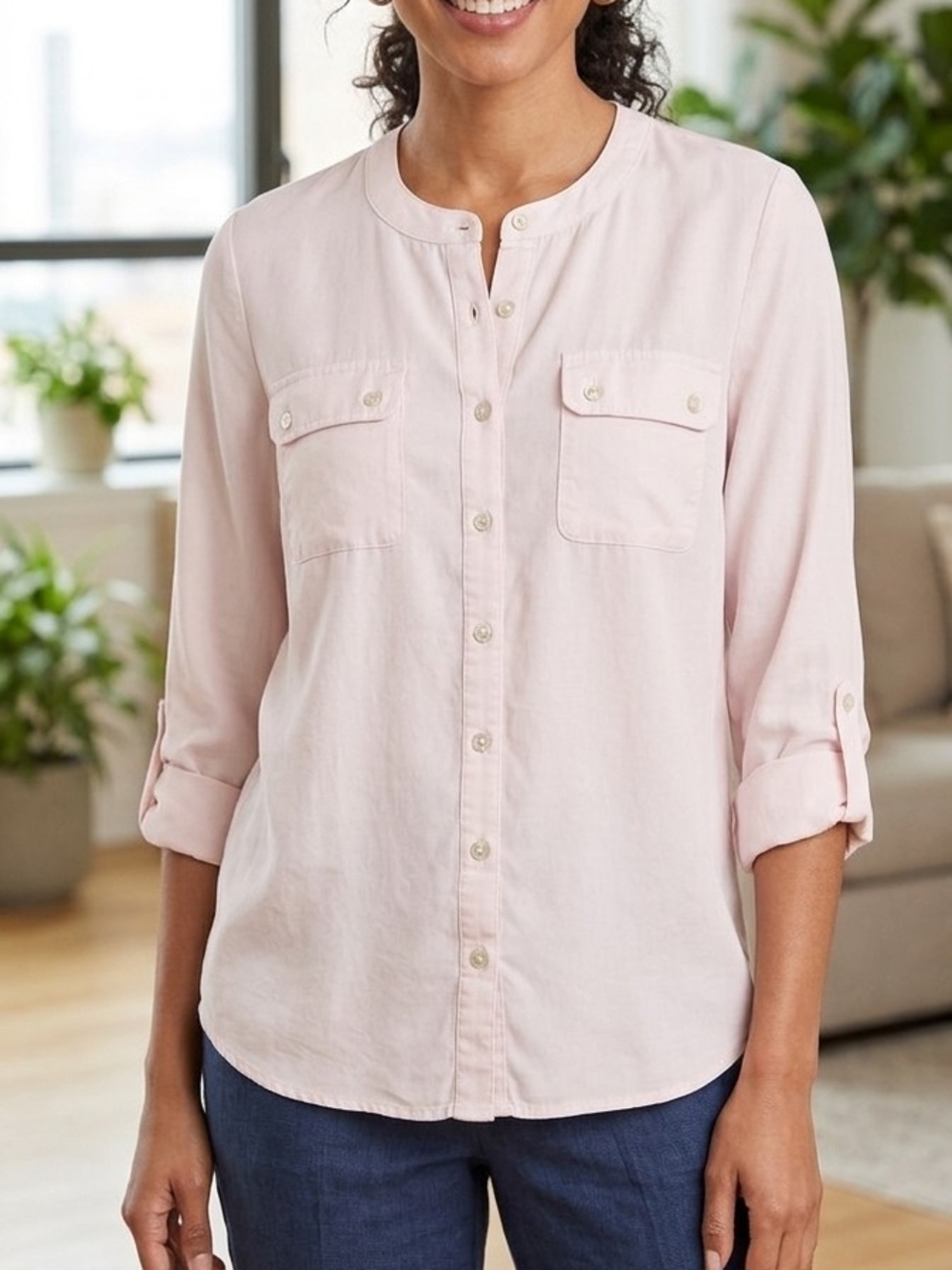 Chico's Soft Blush Button-Down Utility Shirt. WS 126